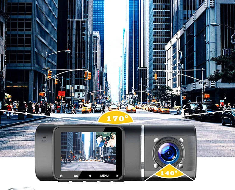 Black dual channel dash cam on a car windscreen with a 1.5-inch screen, showing front and rear camera views.