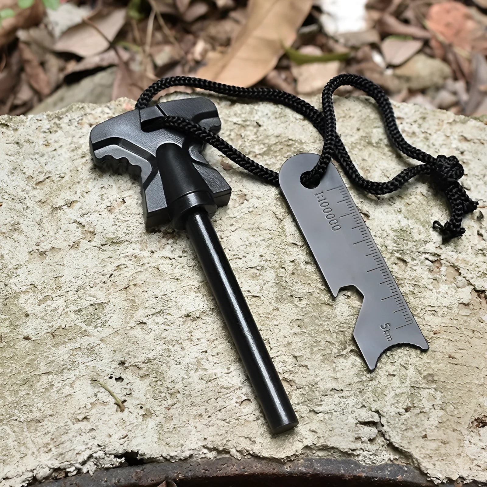 Butterfly-shaped stainless steel survival tool with firestone and bottle opener measuring 117mm