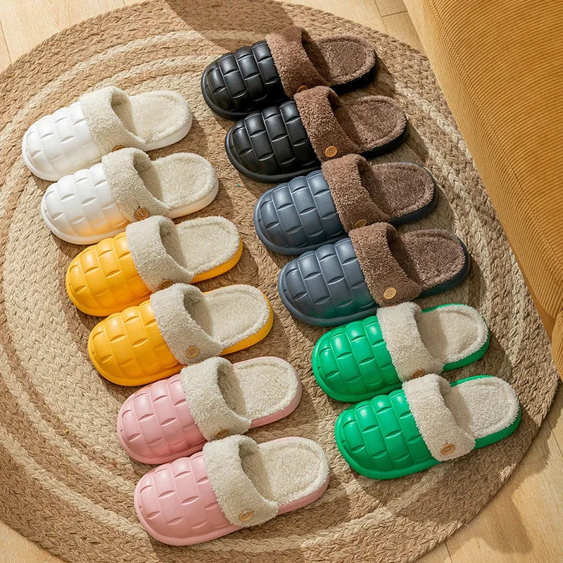 Plaid patterned detachable slippers for women with plush lining and a textured EVA anti-skid sole.
