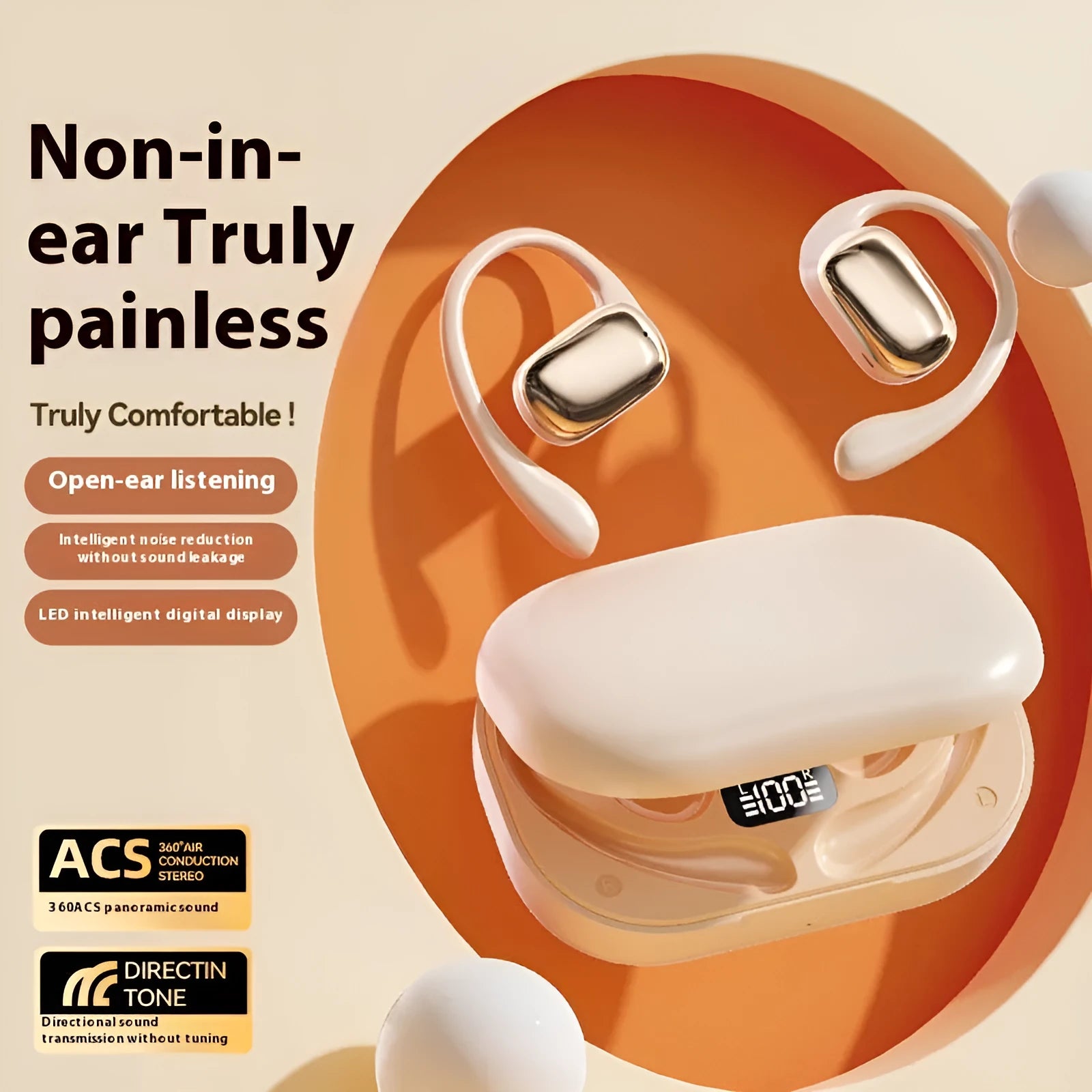 Ear-mounted headphones with digital display screen in black, skin colour, or white colour options