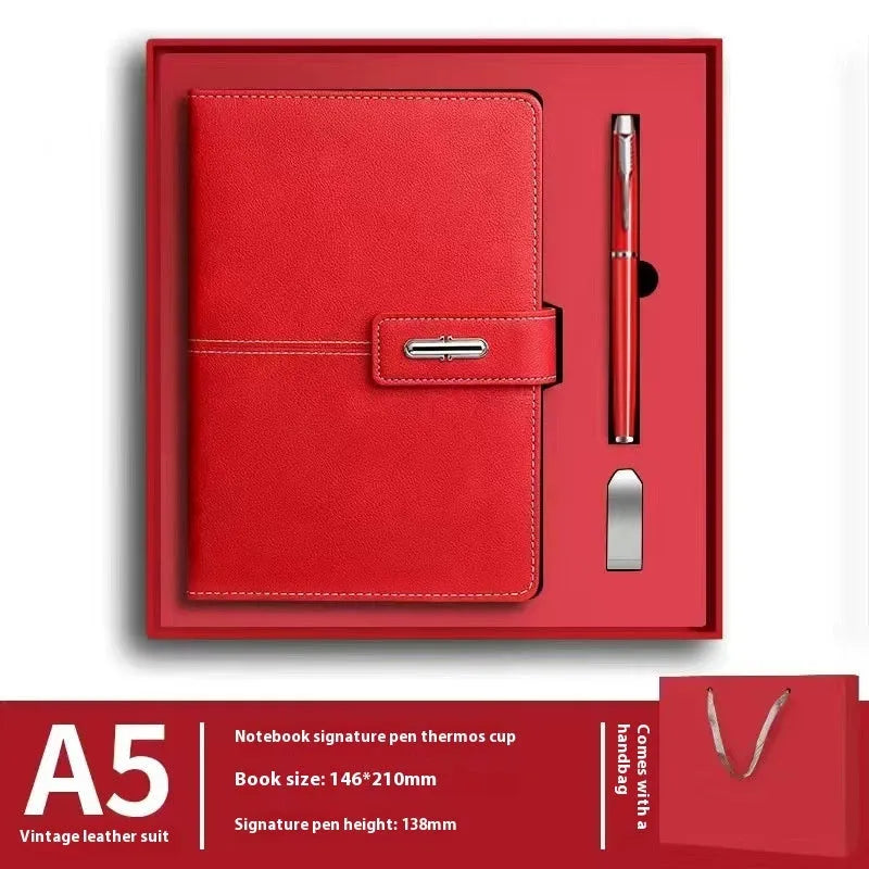 A5 notebook with imitation leather cover in multiple colour options including black, red, green, blue, and orange.