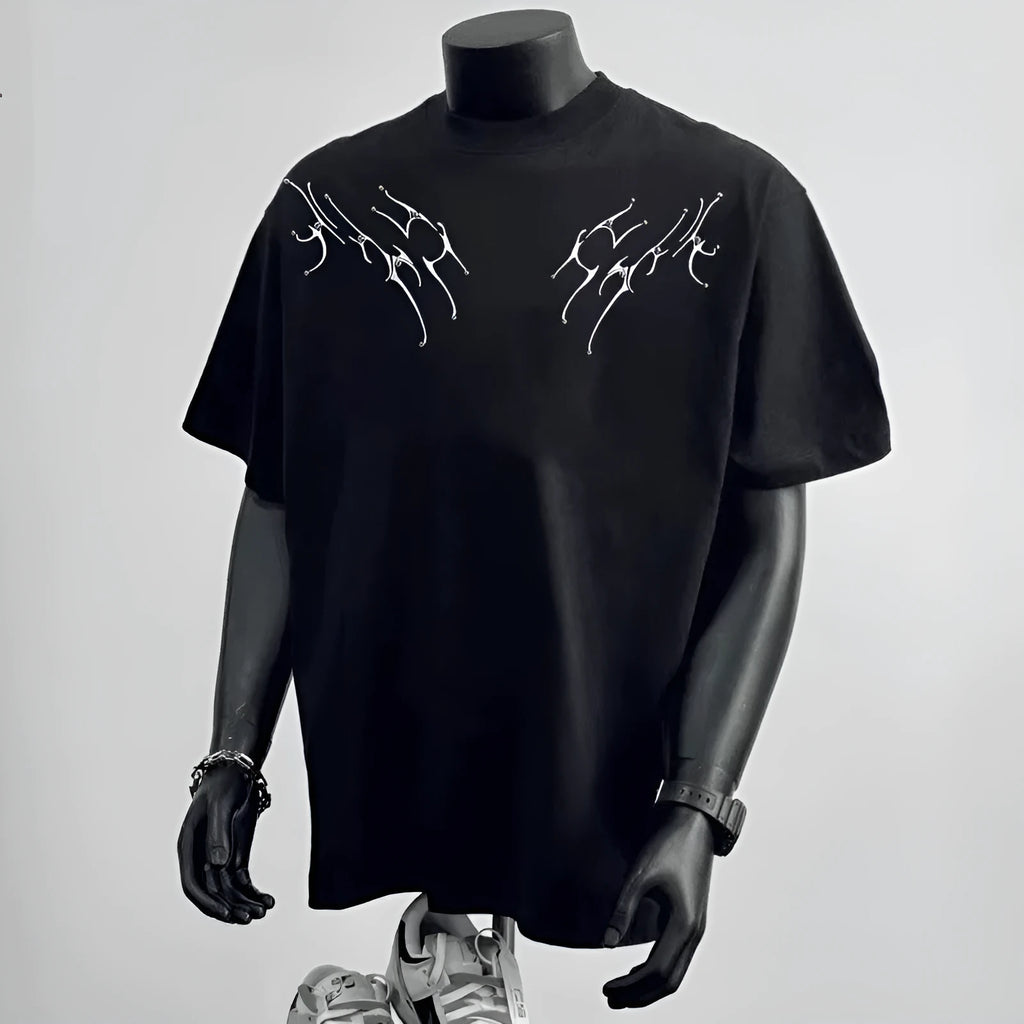 Men's loose fit black cotton t-shirt with a white printed letter design on the chest