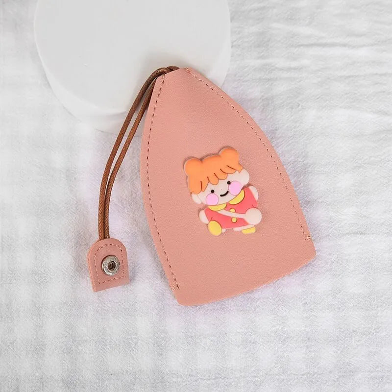 Cartoon design pull-out car key case made from soft PU leather, showing approximate size.