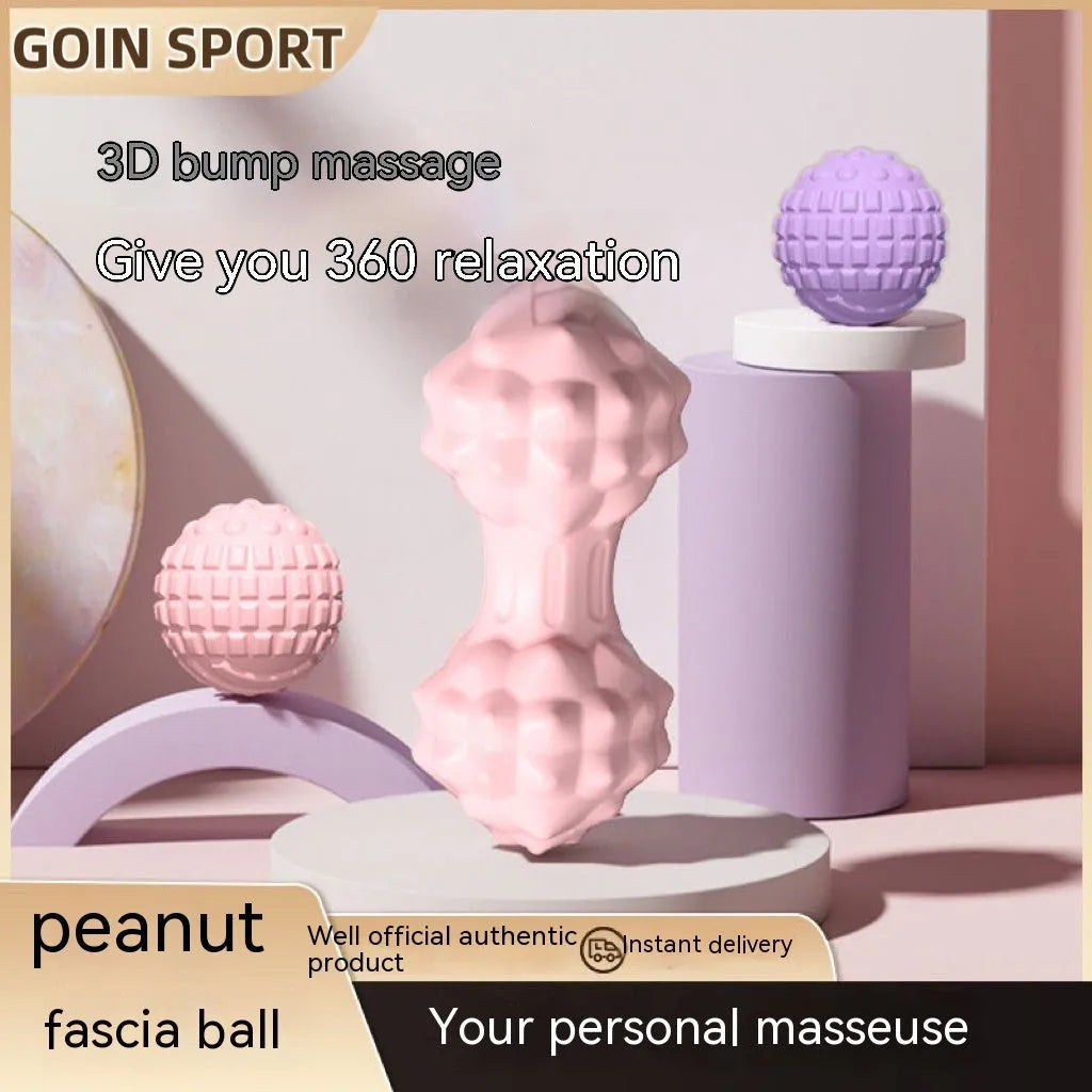 Blue peanut-shaped TPR foot massage ball on a wooden floor.