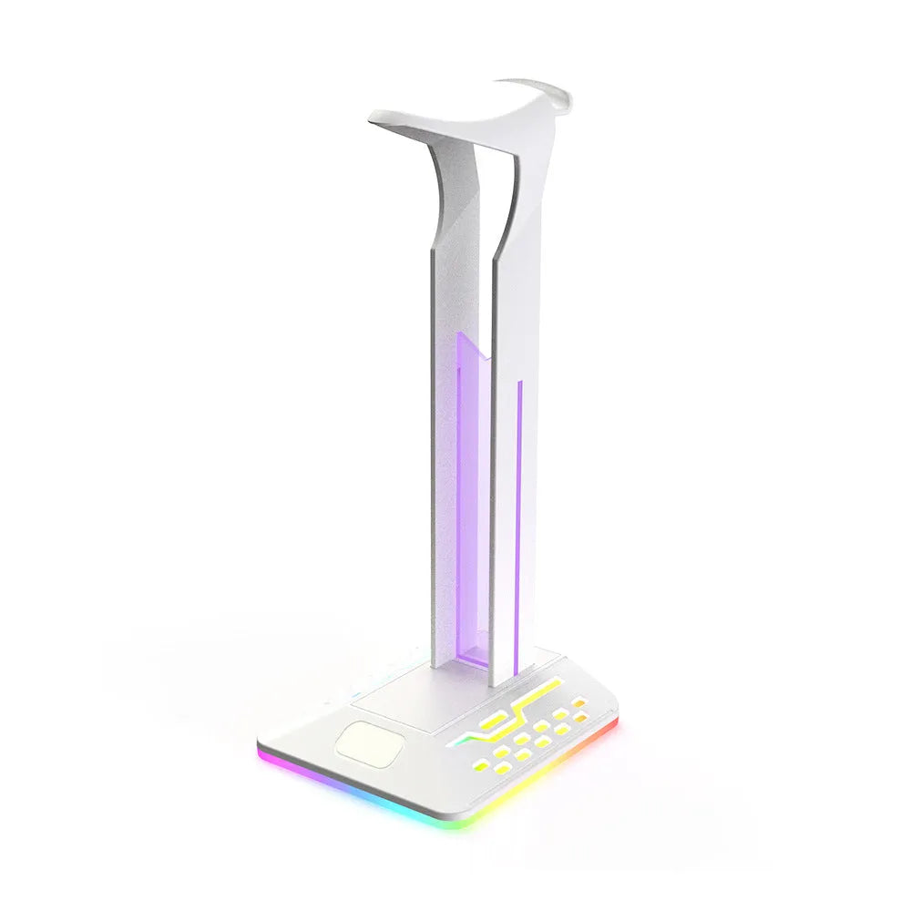 RGB colour-changing headset display bracket with dual USB ports and a 1.5-metre cable on a desk