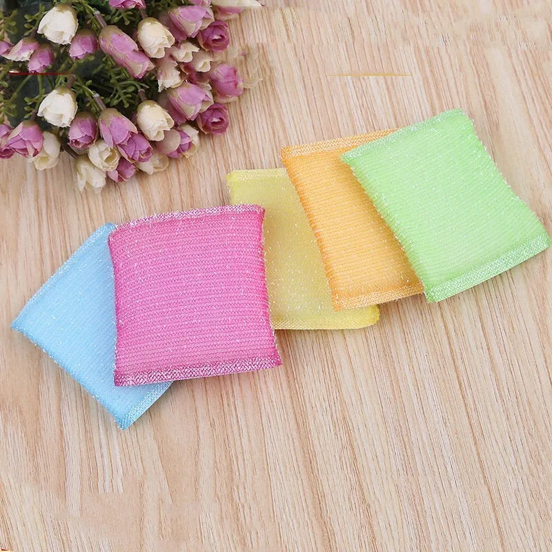 Pinstripe fabric dishwashing spong mop in macaron colours showing sponge, plastic, and silk thread construction.