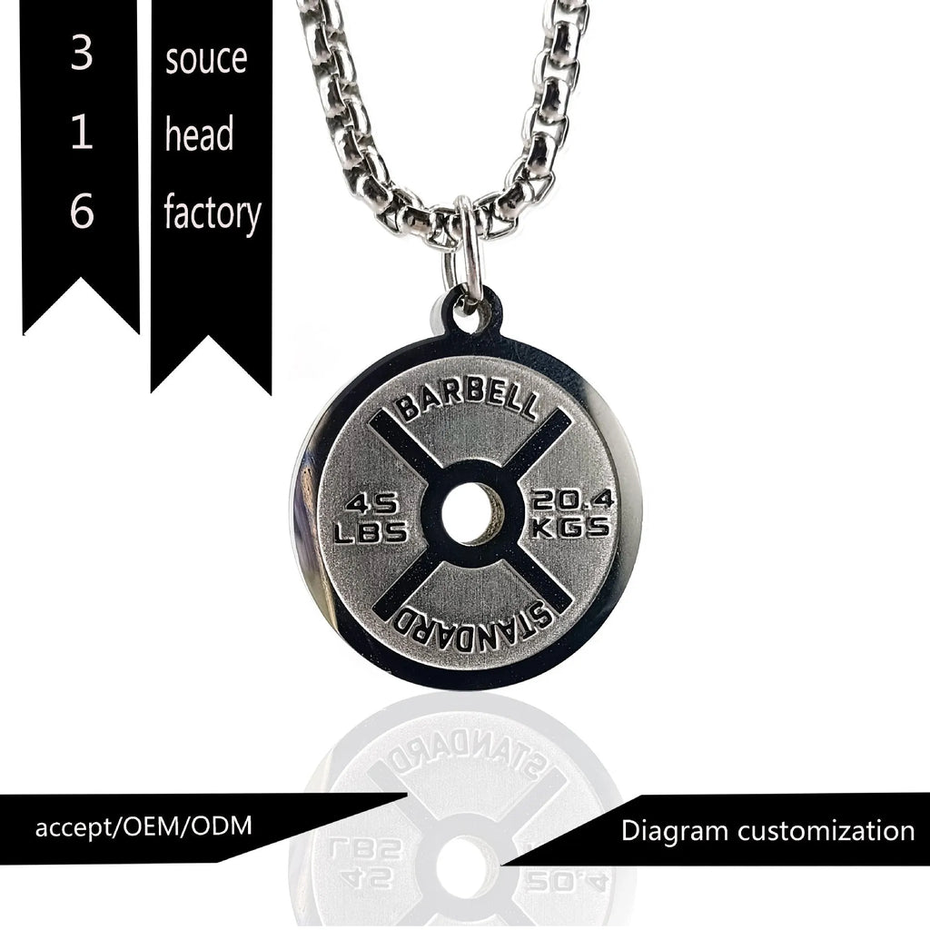 Stainless steel geometric barbell disk pendant on a 60cm black chain necklace.