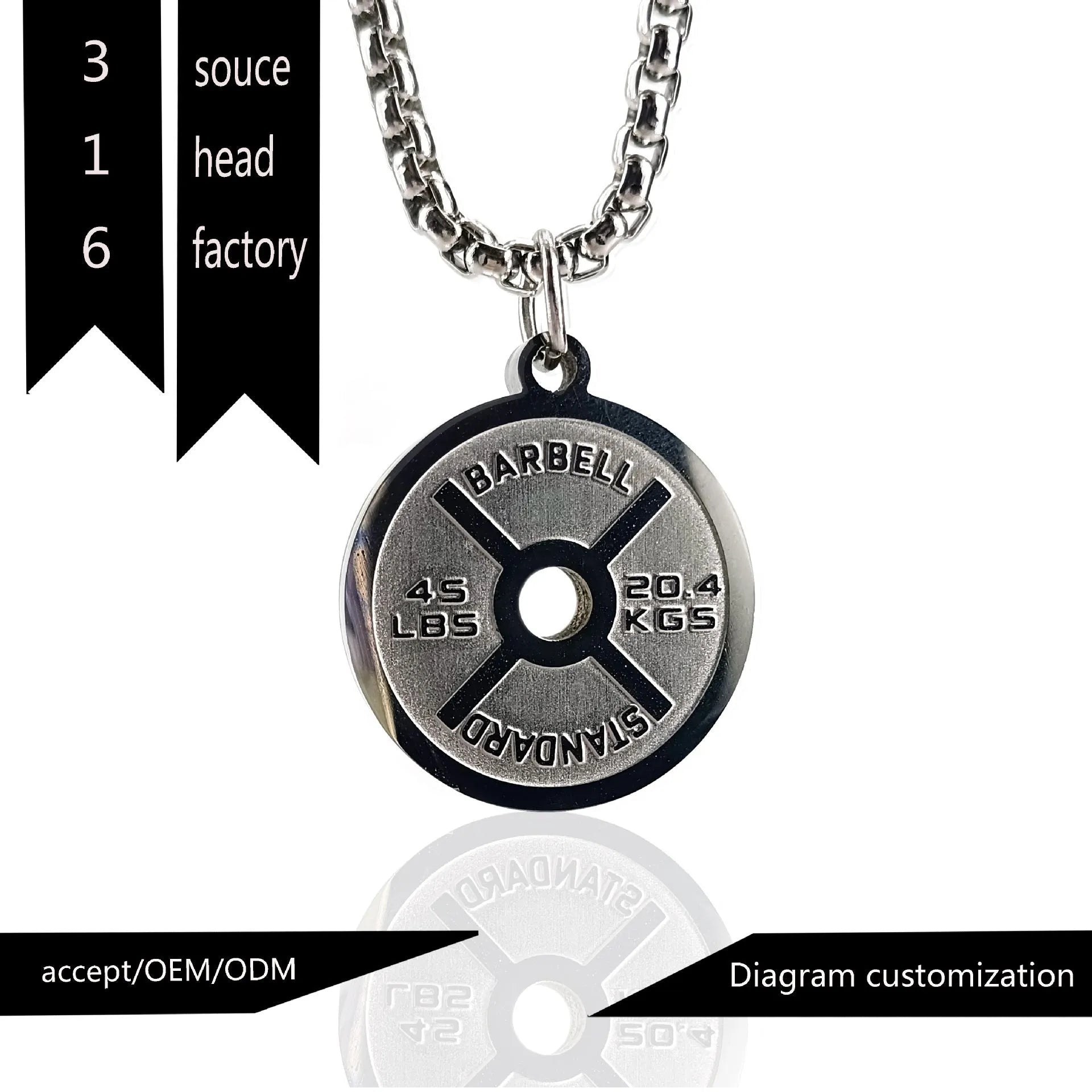 Stainless steel geometric barbell disk pendant on a 60cm black chain necklace.