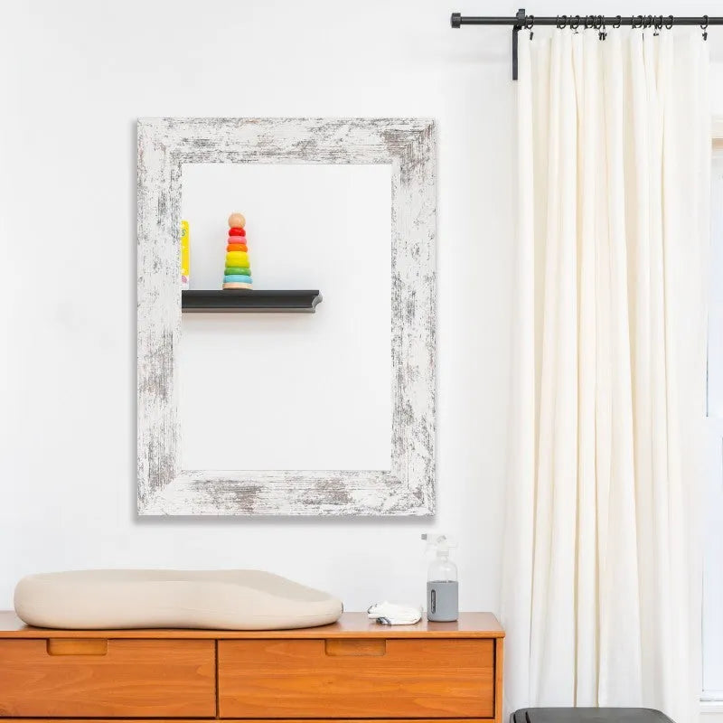 Wall-mounted bathroom mirror with retro Chinese style frame in white, available in two size options