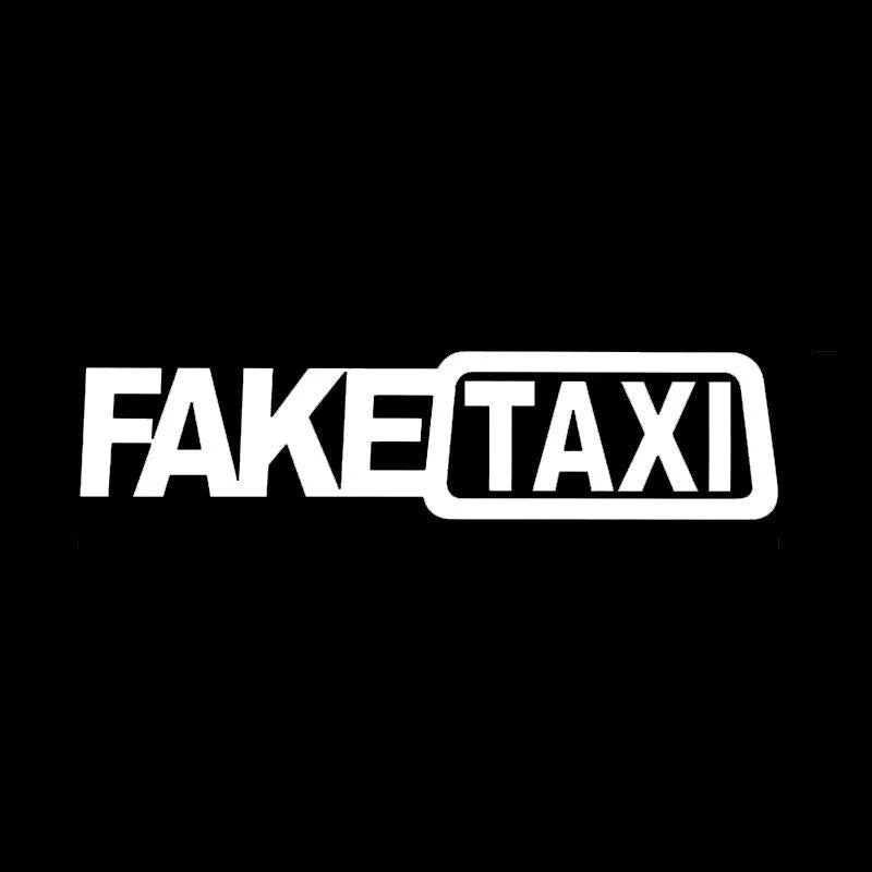 FAKE TAXI waterproof car warning sticker in black, measuring 20cm by 8cm.