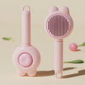 Green self-cleaning pet grooming brush with a stainless steel comb and a comfort-grip handle.