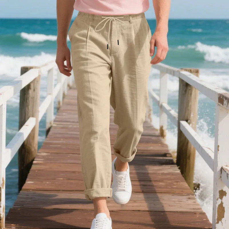 Men's linen casual trousers in straight leg style with drawstring waist in light khaki colour