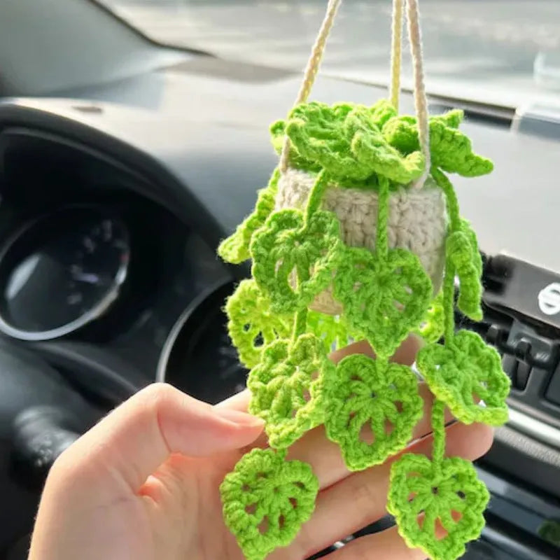 Green and white knitted car plant decoration with hanging rope on 8cm plastic base