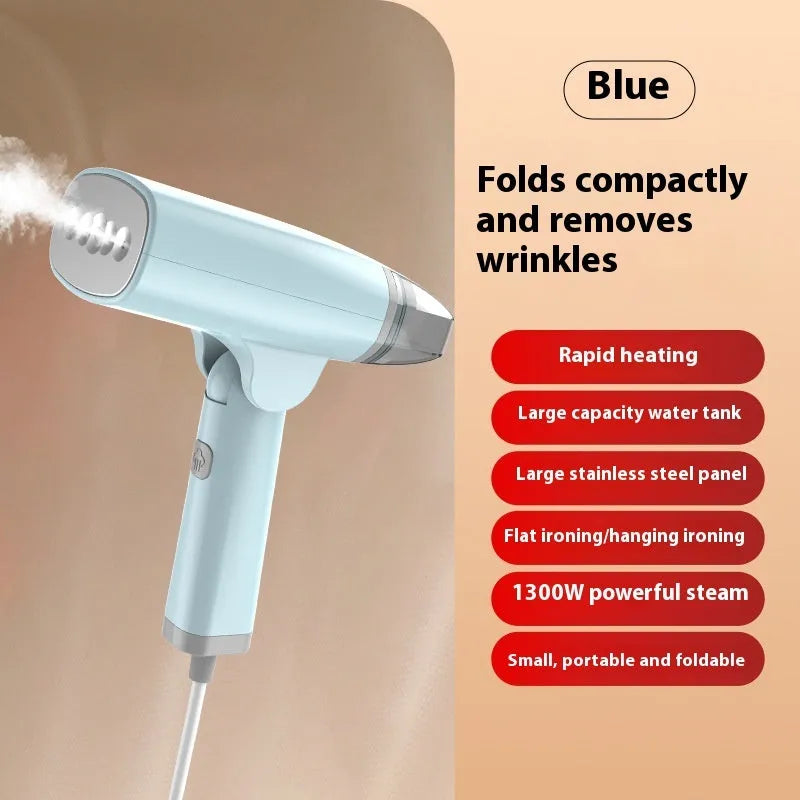 Blue and white handheld garment steamer with hanging mechanism and 1300W power rating
