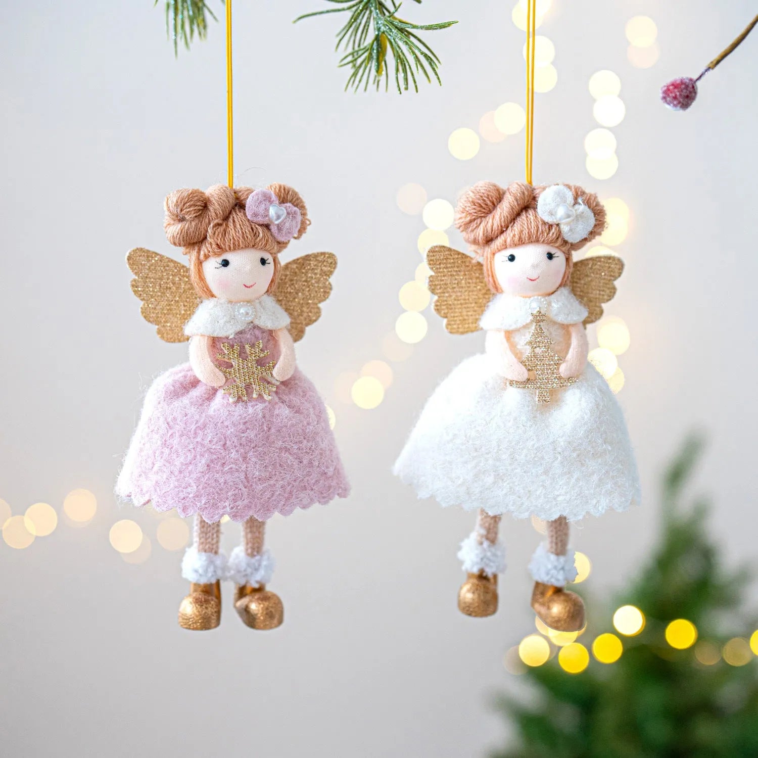 Pink and white cloth Christmas angel wings plush pendant with modern design for tree decoration