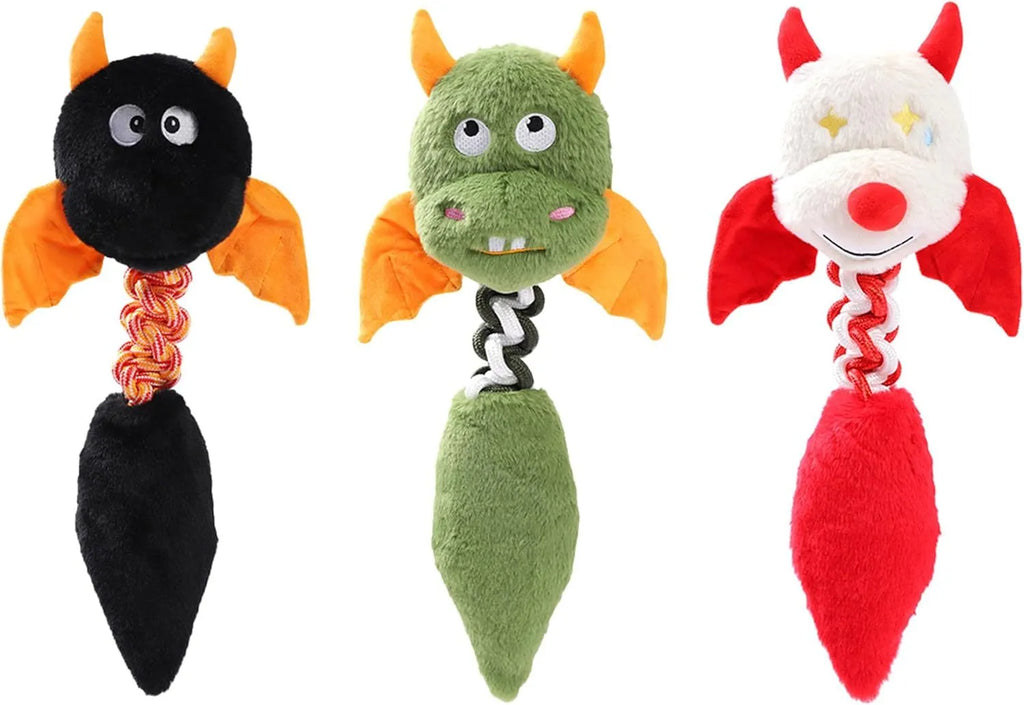 Soft plush dog toy with squeaker, rattle, and rope knot in black, green, or red.