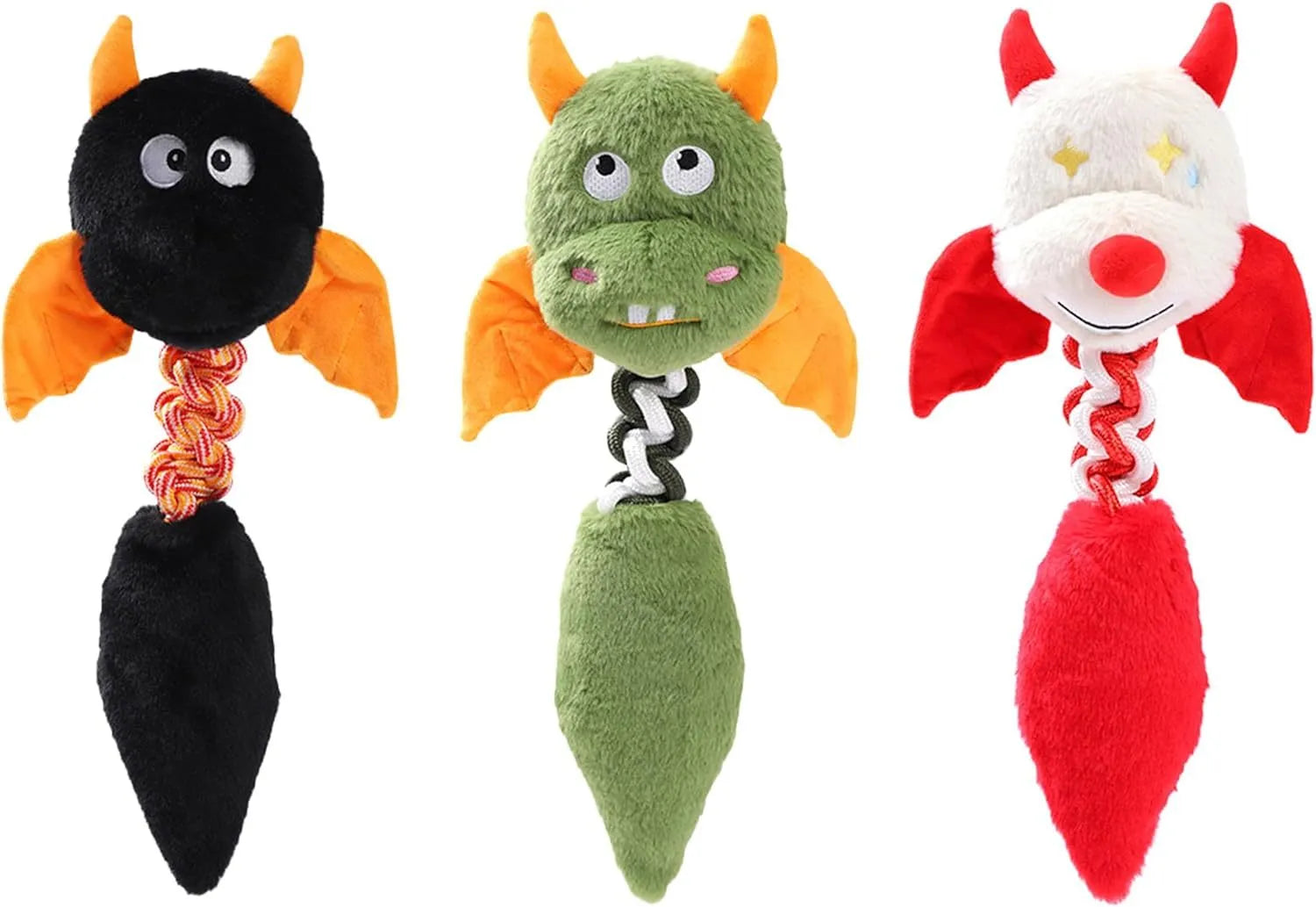 Soft plush dog toy with squeaker, rattle, and rope knot in black, green, or red.