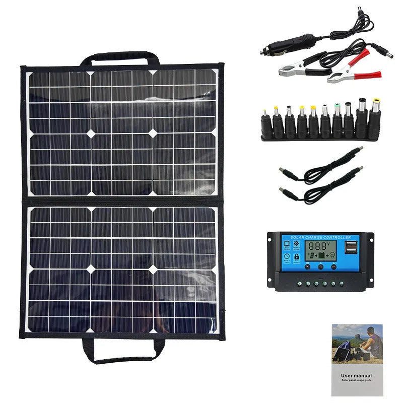 Black 40W folding portable solar panel bag shown folded to its 425x285mm size