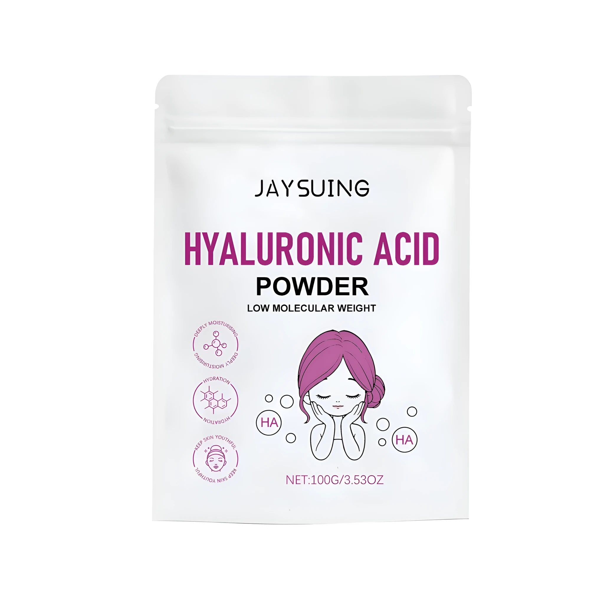 100g container of hyaluronic acid powder for DIY face masks with a separate mask applicator.
