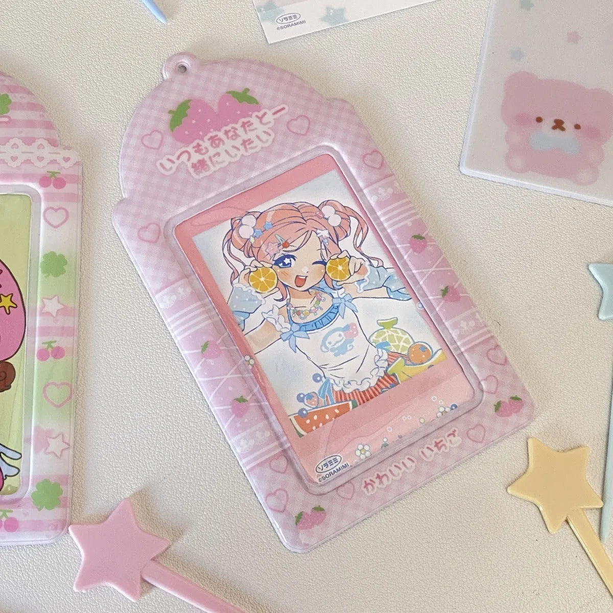 Cartoon plaid strawberry and four-leaf clover PVC student meal card holder with card sleeve