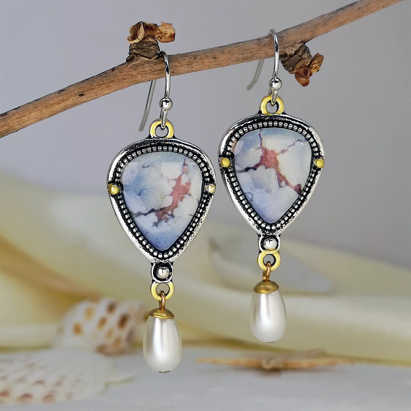 Retro blue drop earrings with two-colour electroplating and geometric bohemian design