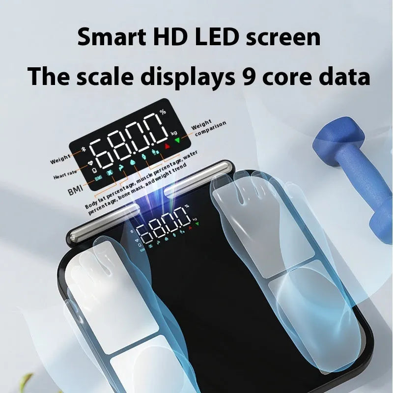 Black electronic weighing scale with tempered glass platform showing body fat analysis on colour screen