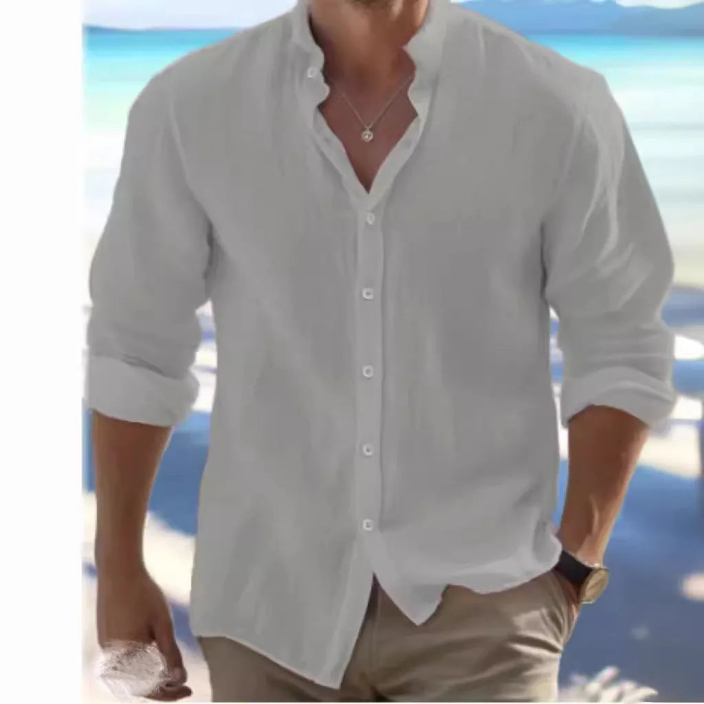 Men's light blue long-staple cotton casual summer shirt with button front and collar on a hanger.
