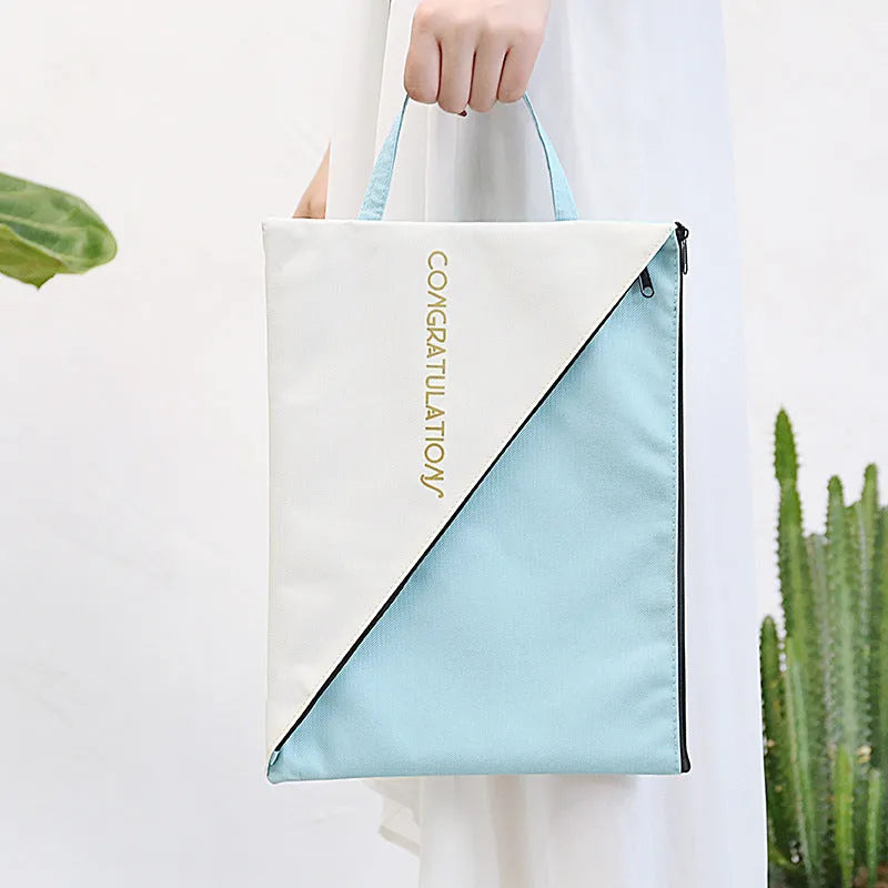 Blue double-layer Oxford cloth document storage bag with zipper closure for test papers