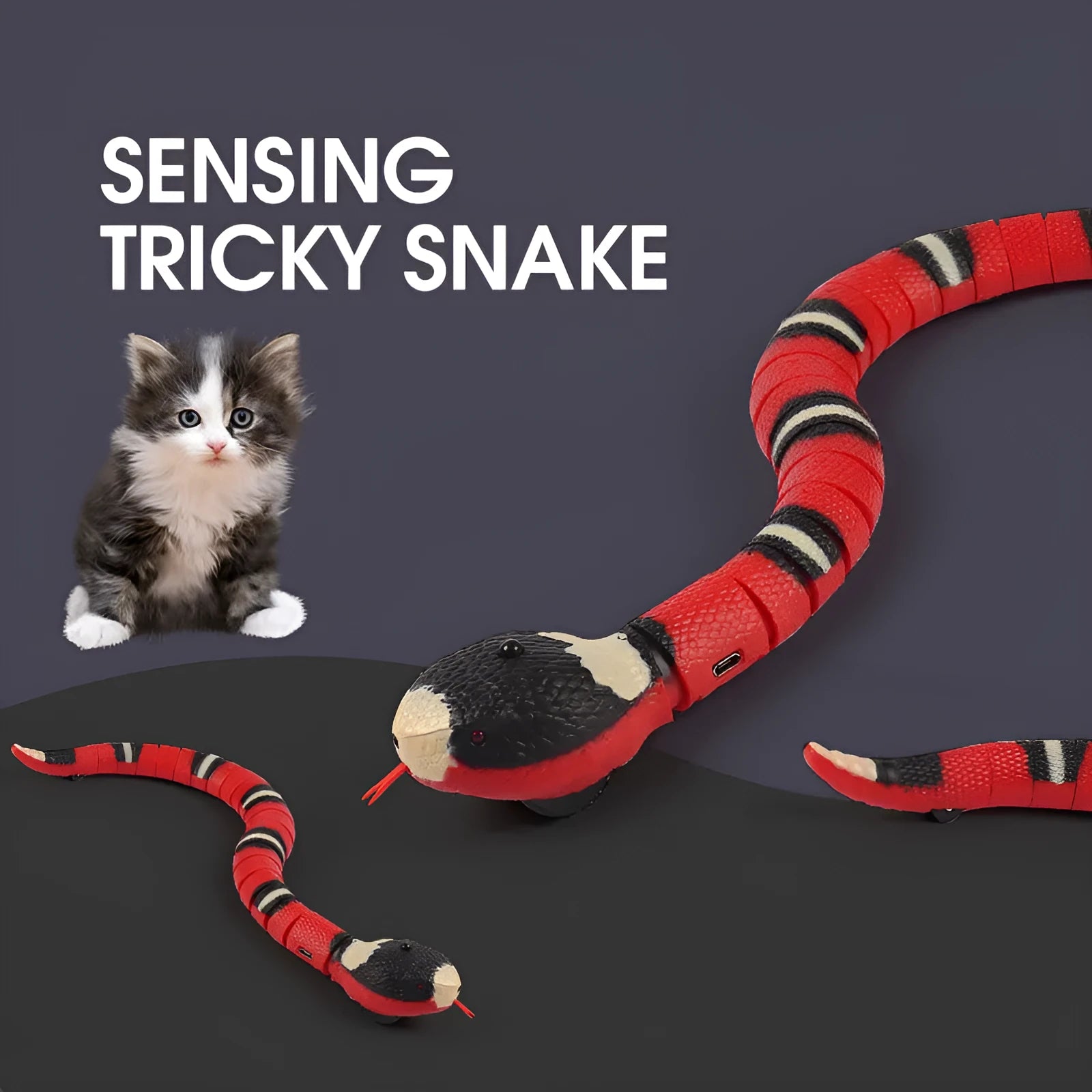 Automatic electronic snake cat toy with segmented plastic body on a floor