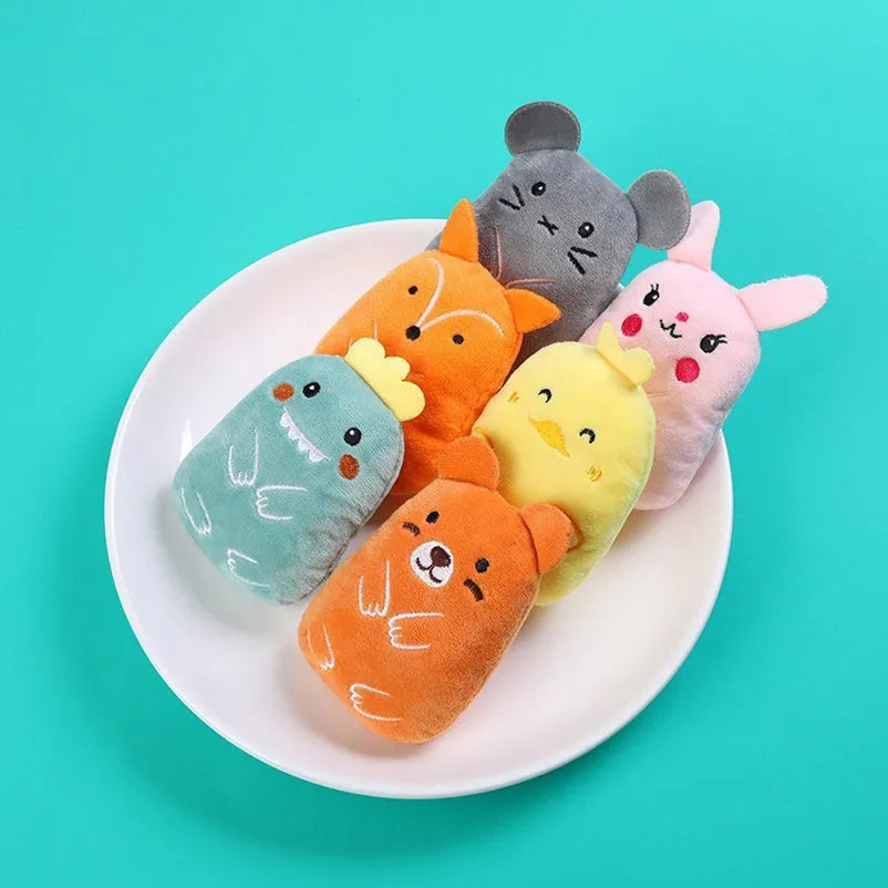 Small plush cat chew toy with catnip and vocal sound feature in assorted colours