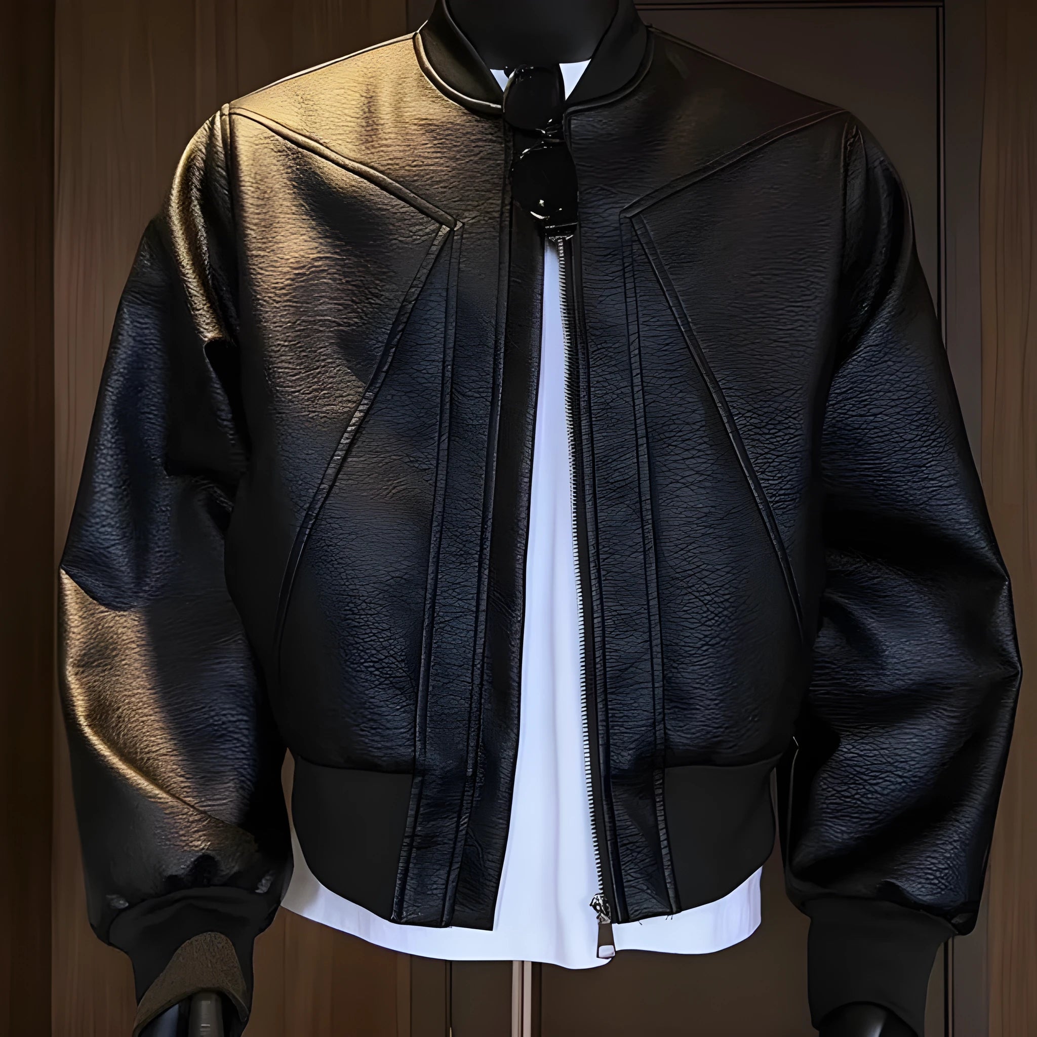 Man modelling a slim-fit black PU leather jacket with litchi grain texture and extended length.