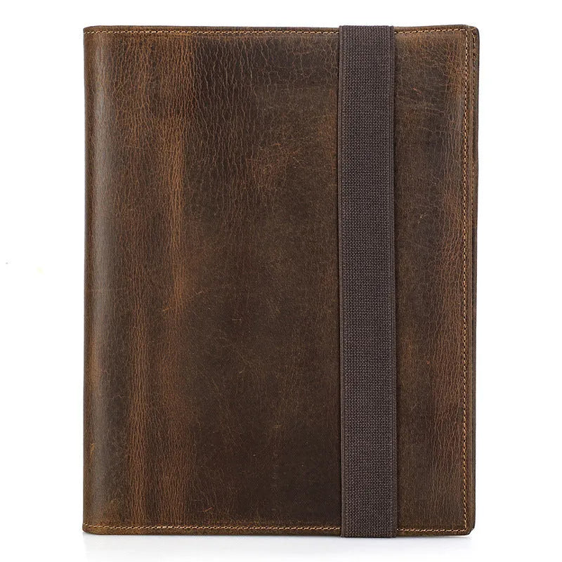 Brown Crazy Horse leather A5 notebook protective sleeve with a square shape.