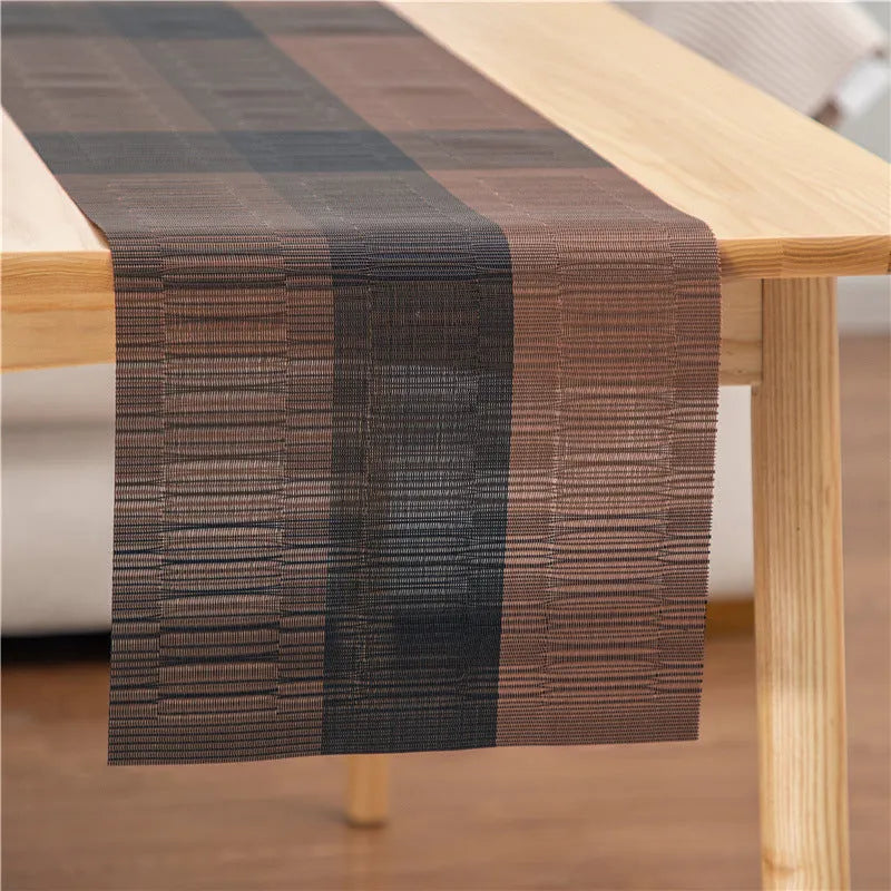 PVC non-slip dish mat in gradient bamboo design protecting kitchen worktop with dishes