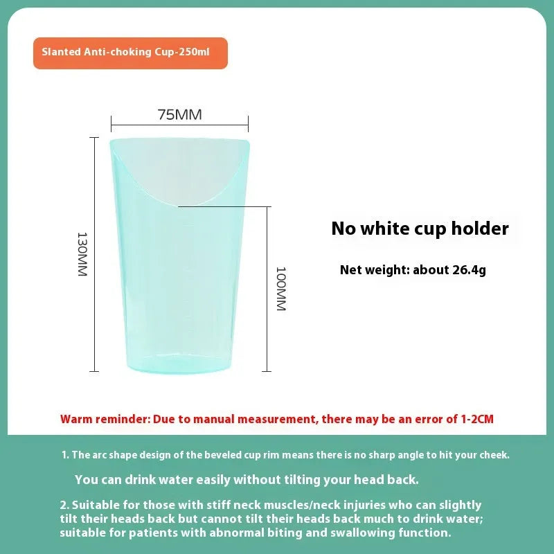 Oblique mouth bedside drinking cup with handle and optional wrist splint for elderly and pregnant users