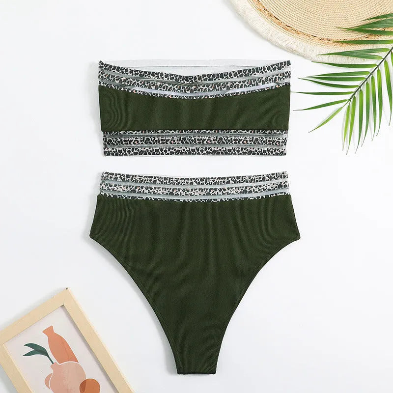 Black strapless leopard print bikini set with briefs shorts
