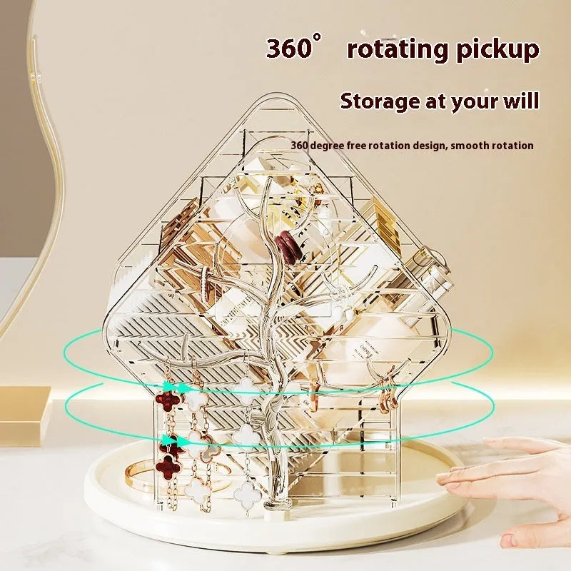 Rotating cosmetics storage box with 360-degree rotation in clear and amber gold plastic