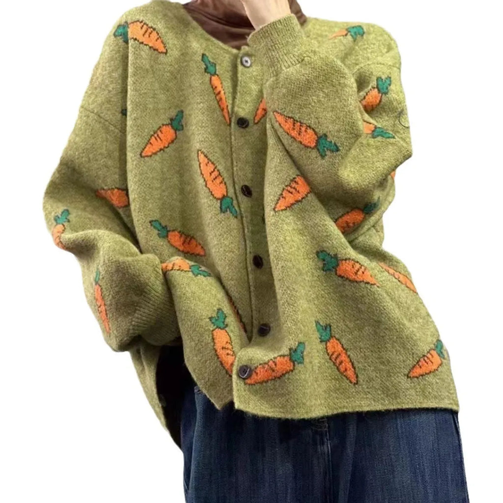 Loose Mori print cardigan with colour contrast artistic design on viscose fabric