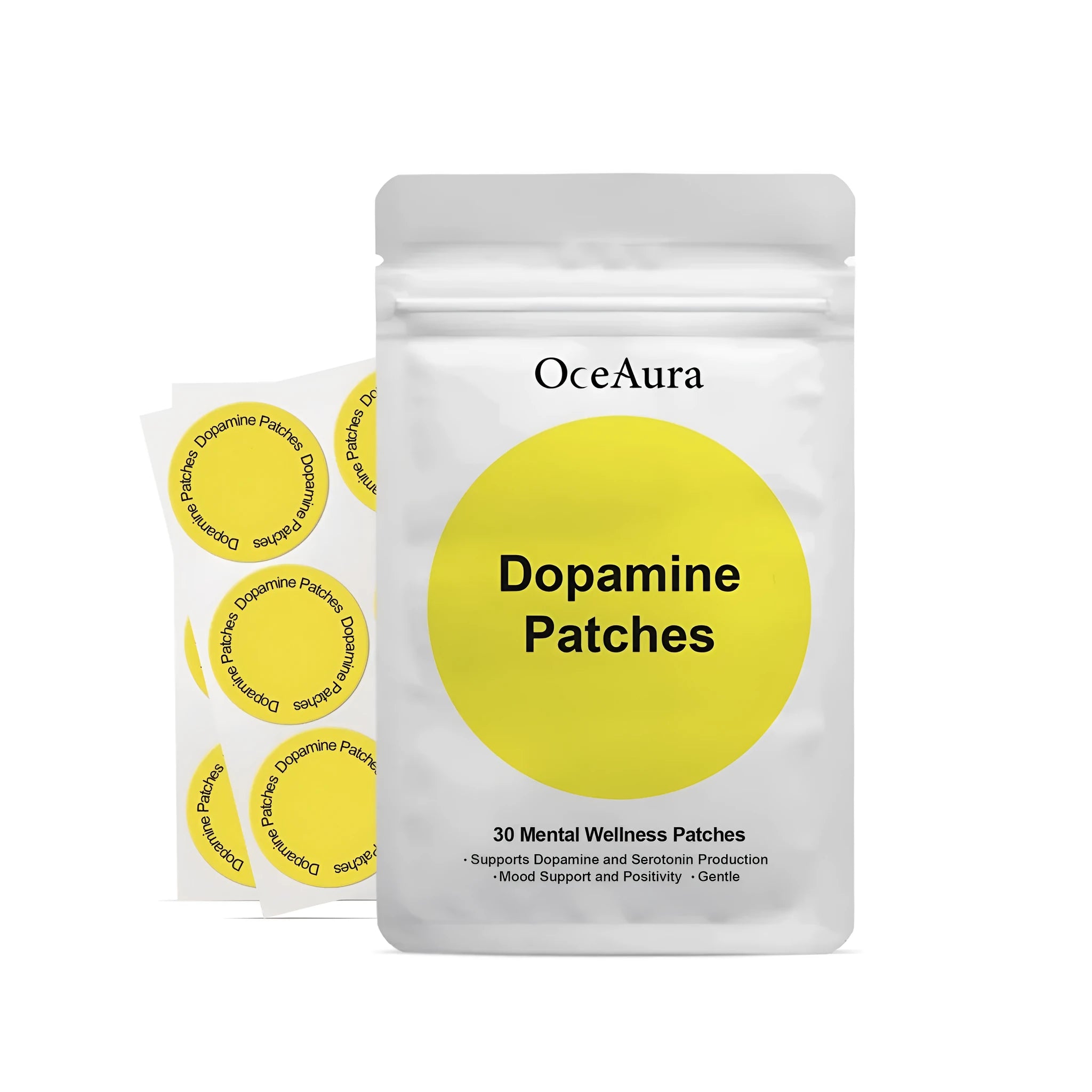 Pack of 30 clear self-adhesive body care patches on skin, showing hyaluronic acid and collagen ingredients.