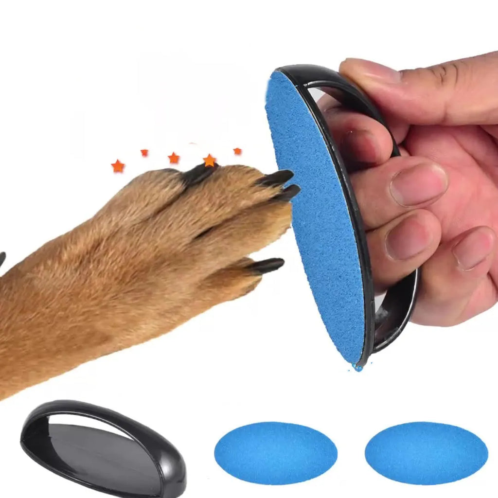Upgraded dog nail file scratch board with ergonomic handle in one of four colours: black, blue, green, or yellow.
