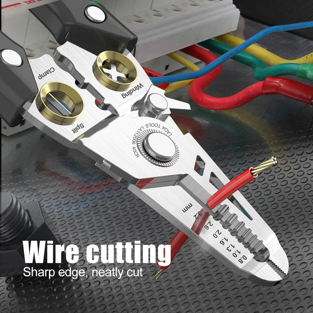 Stainless steel multifunction wire stripper tool with seven stripping ports and two-colour handle.