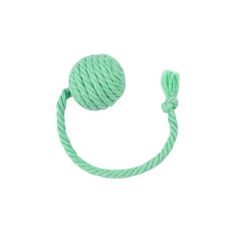 Colourful cat toy ball with rope handle and built-in bell for interactive play