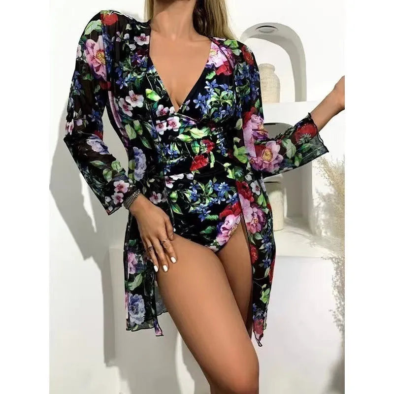 Women's floral tight bikini three-piece swimsuit set with matching cover-up in various colours