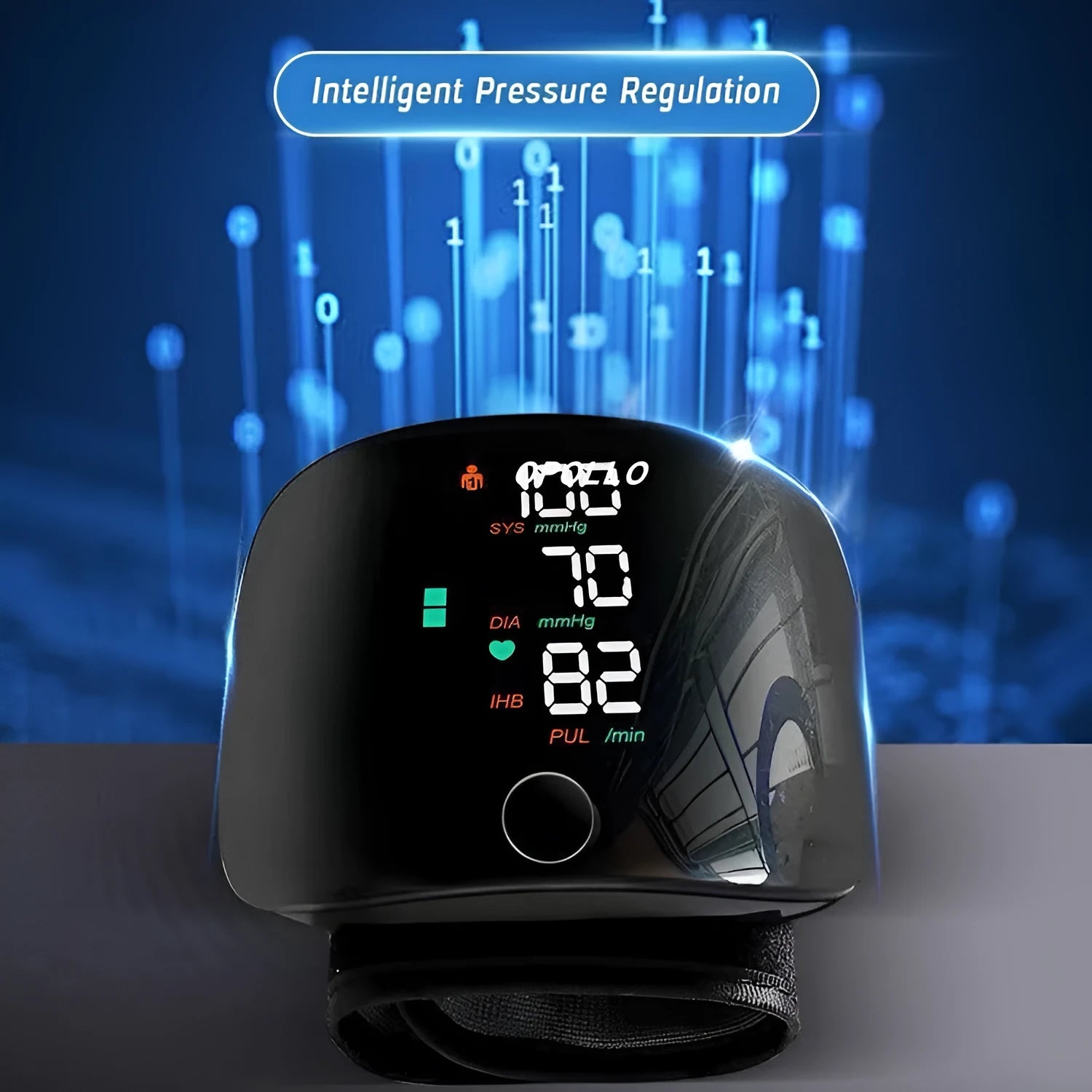 Black wrist blood pressure monitor with USB charging port on a table.