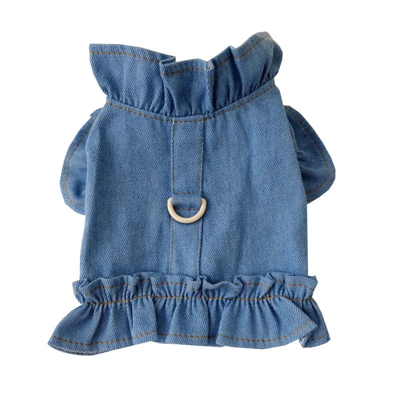Blue denim dog dress with ruffles and leash hooks on chest and back in dark and light blue colours