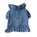 Blue denim dog dress with ruffles and leash hooks on chest and back in dark and light blue colours