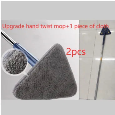 Blue triangular cleaning mop with 360-degree rotating head and adjustable stainless steel pole extended for use