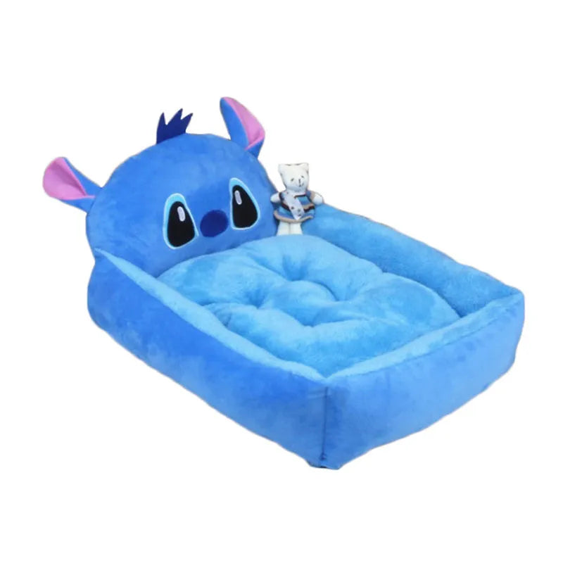 Blue cartoon-style sofa pet bed with a removable padded cushion for a small dog or cat.
