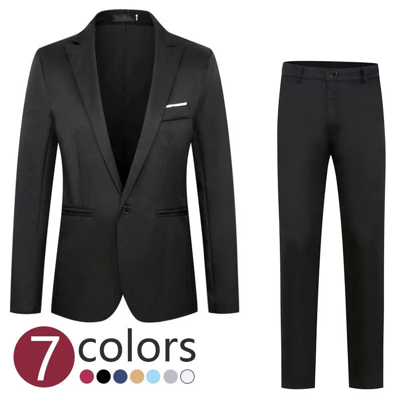 Men's loose-fit wedding suit jacket in acetate fibre, shown in multiple colours including black, grey, and wine red.