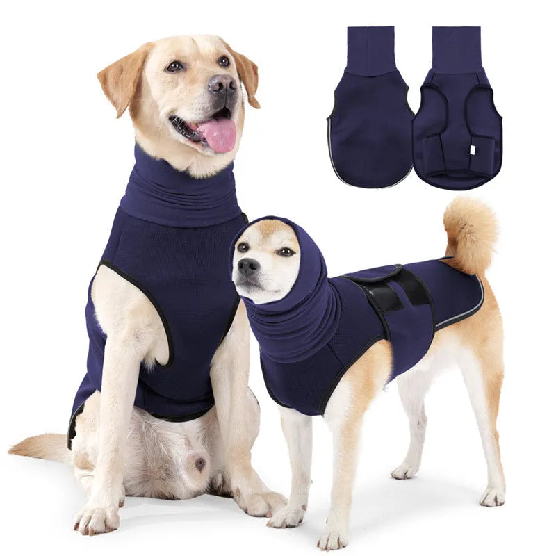 Army green dog anxiety jacket with mood-soothing design on medium-sized dog
