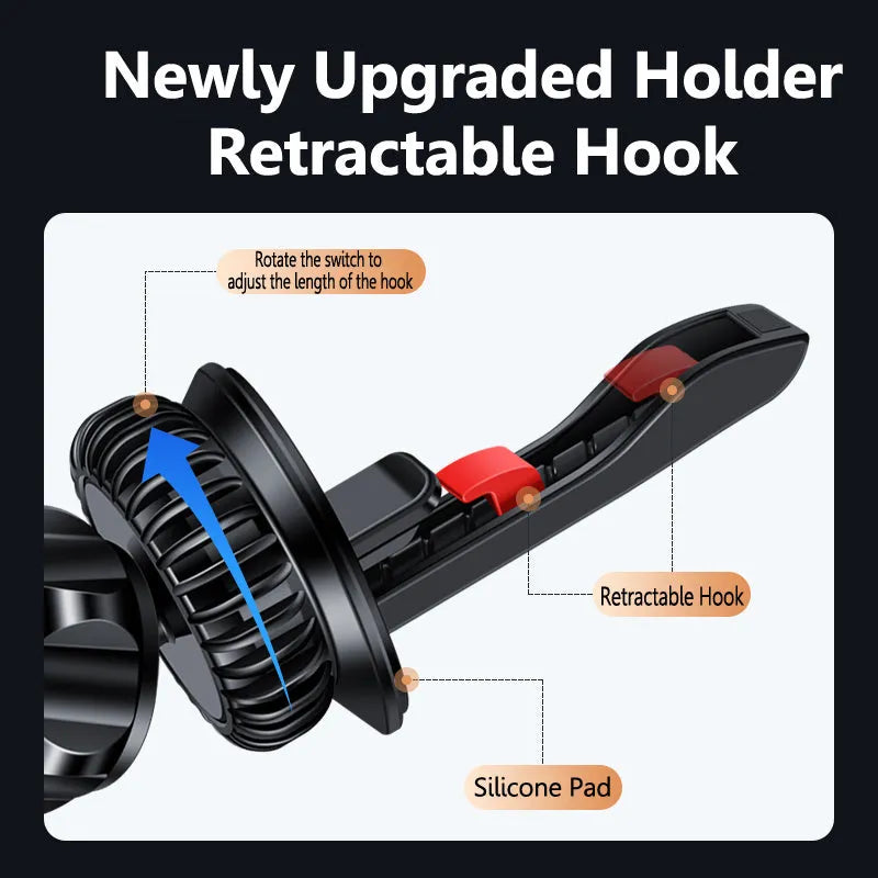Air vent magnetic phone holder with snap-on bracket in black or silver colour options